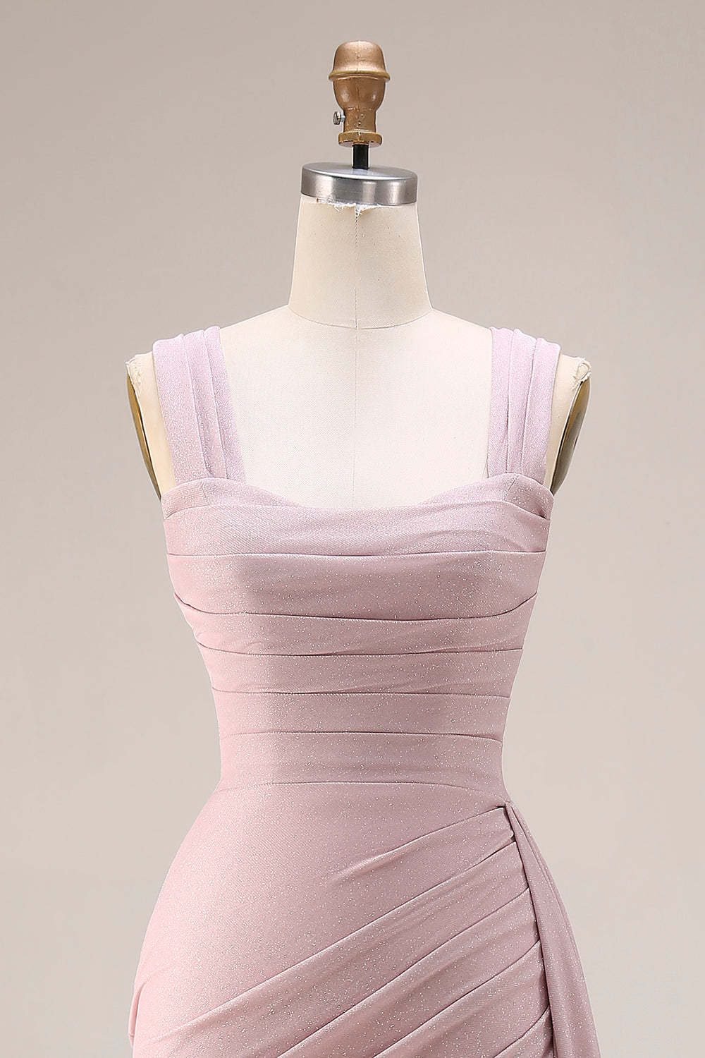 Thick Straps Dark Pink Ruched Mermaid Maxi Formal Dress with Slit