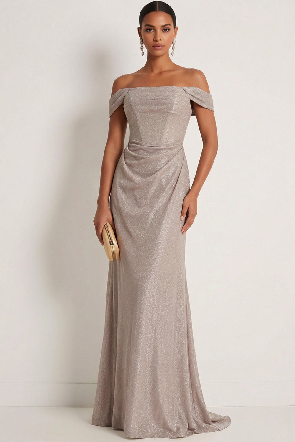 Leely Women Grey Mermaid Draped Long Gala Dress Backless Off the Shoulder Sleeveless Prom Dress