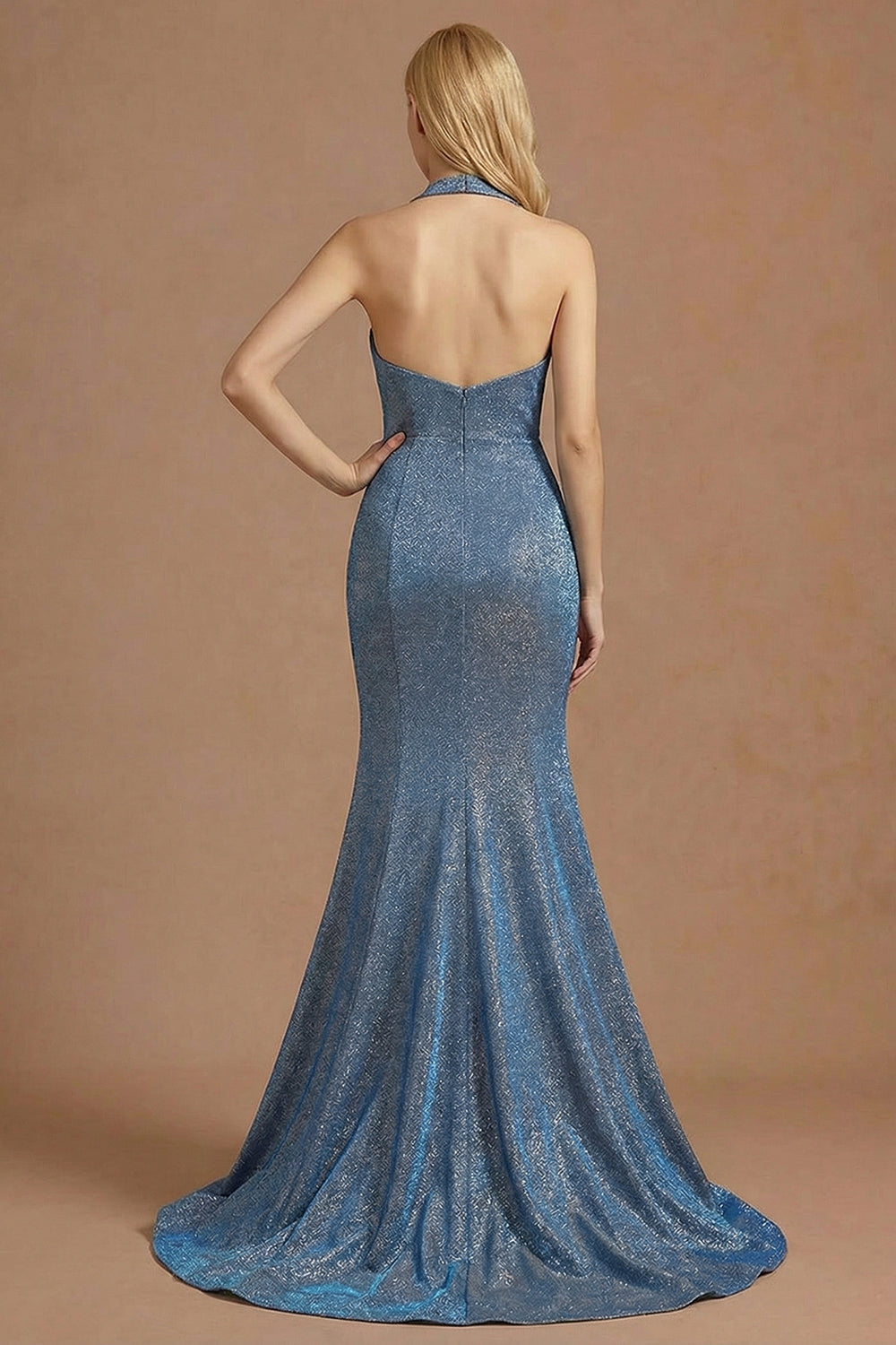 Dusty Blue Mermaid Halter Neck Ruched Maxi Prom Dress with Slit