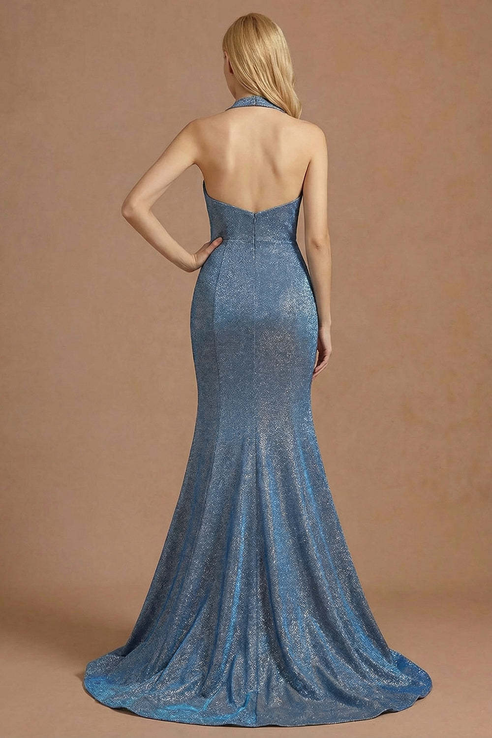 Dusty Blue Mermaid Halter Neck Ruched Maxi Prom Dress with Slit