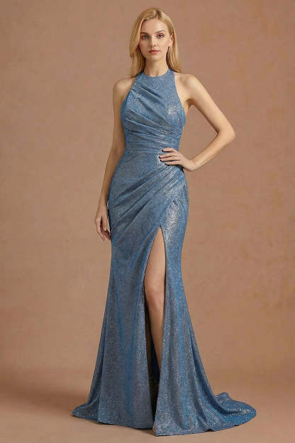 Leely Women Dusty Blue Mermaid Maxi Prom Dress with Slit Ruched Backless Sleeveless Halter Neck Evening Dress