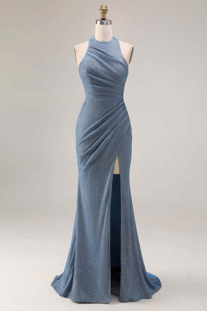 Dusty Blue Mermaid Halter Neck Ruched Maxi Prom Dress with Slit