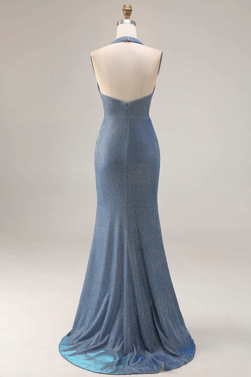 Dusty Blue Mermaid Halter Neck Ruched Maxi Prom Dress with Slit