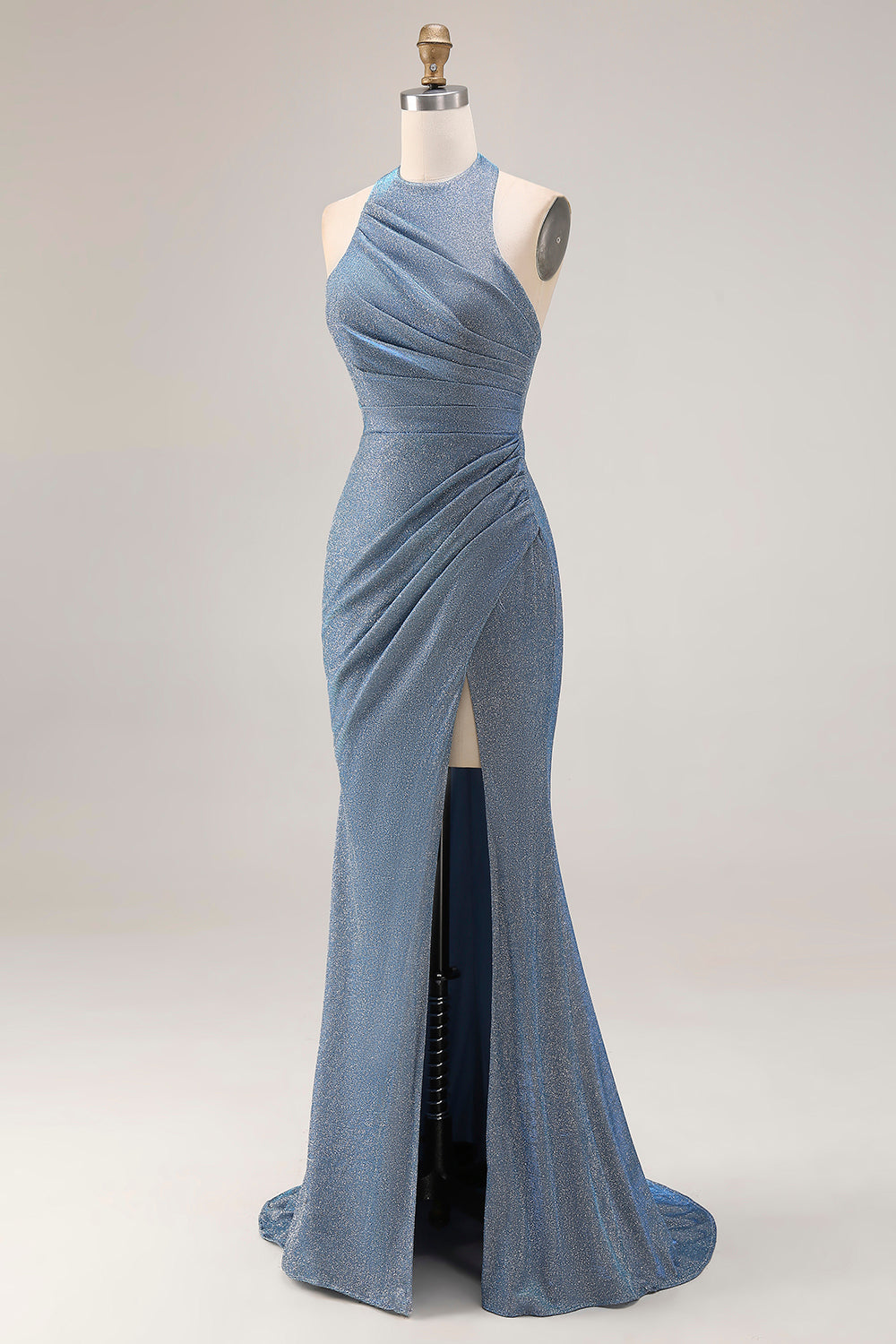 Dusty Blue Mermaid Halter Neck Ruched Maxi Prom Dress with Slit
