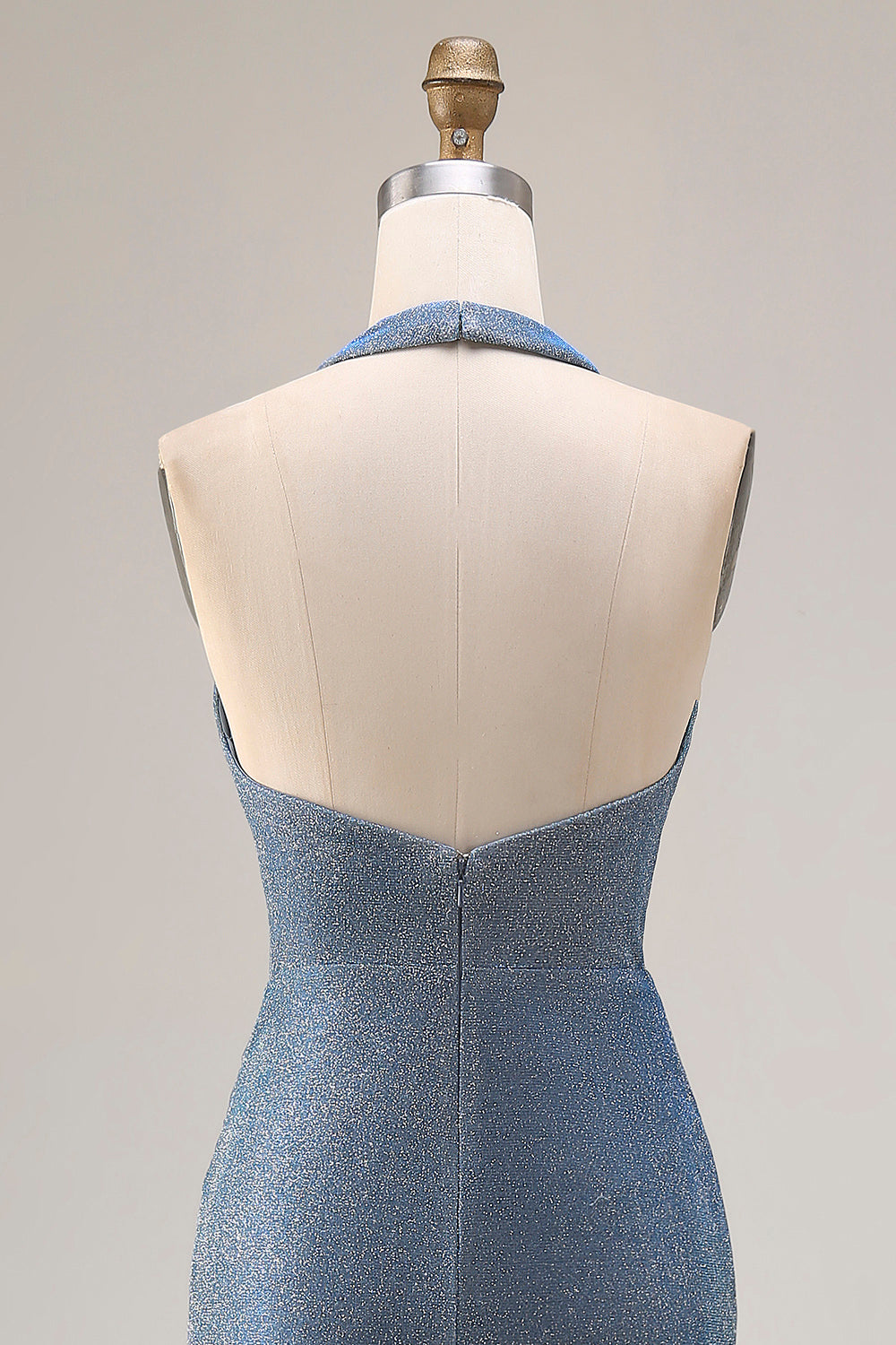 Dusty Blue Mermaid Halter Neck Ruched Maxi Prom Dress with Slit