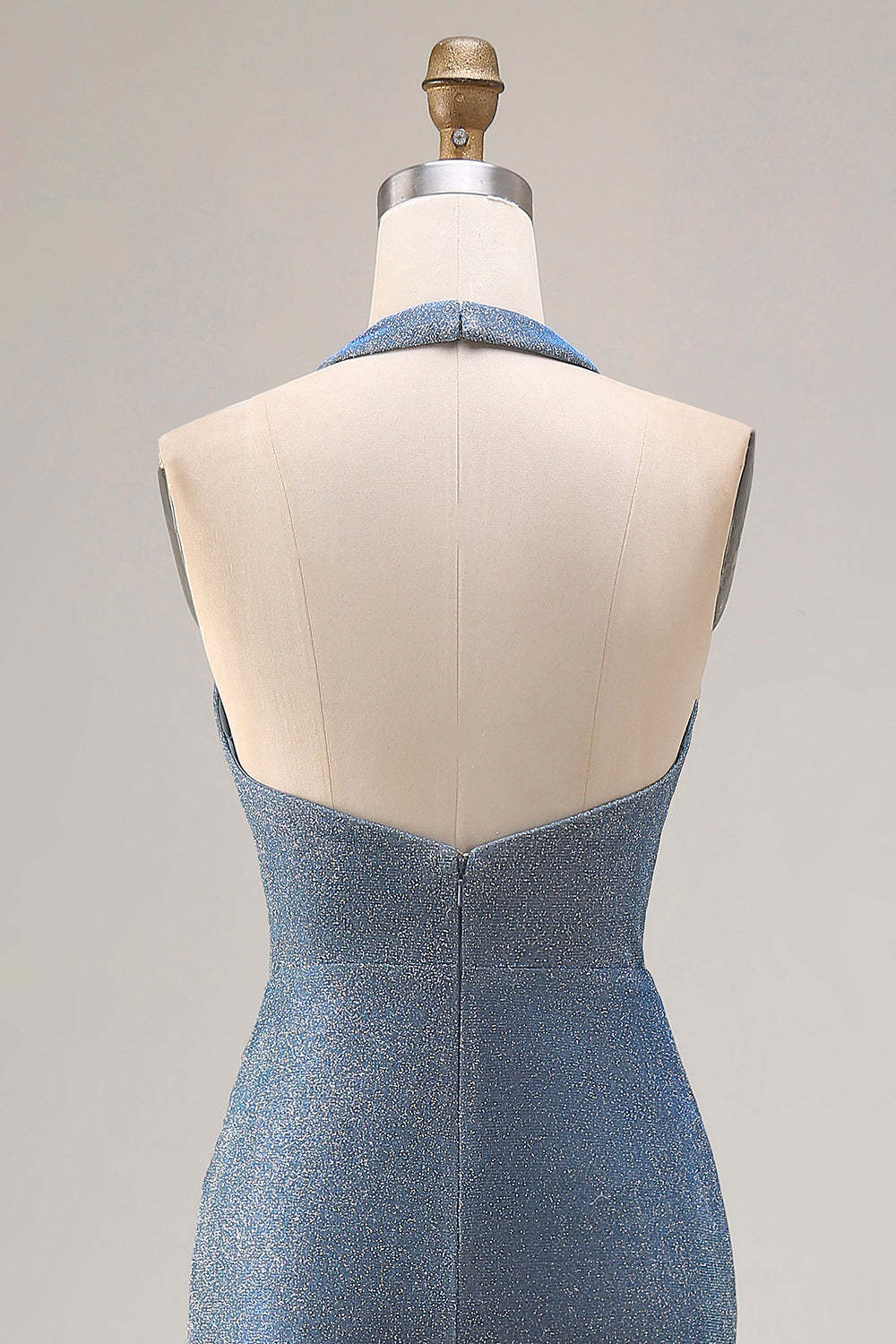 Dusty Blue Mermaid Halter Neck Ruched Maxi Prom Dress with Slit