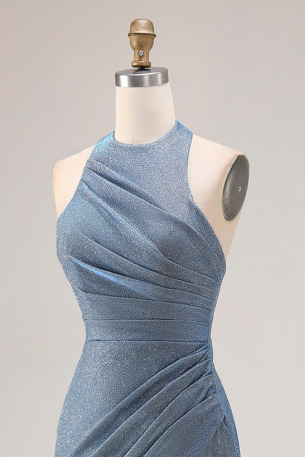 Dusty Blue Mermaid Halter Neck Ruched Maxi Prom Dress with Slit