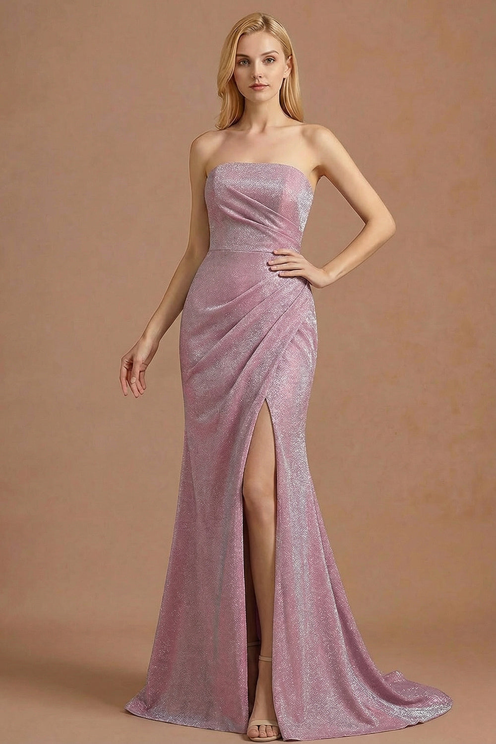 Leely Women Dusty Plum Ruched Long Prom Dress with Slit Sleeveless Strapless Mermaid Backless Formal Dress