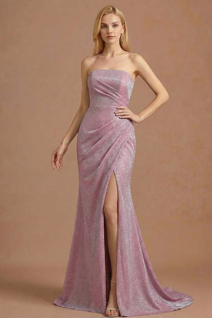 Leely Women Dusty Plum Ruched Long Prom Dress with Slit Sleeveless Strapless Mermaid Backless Formal Dress