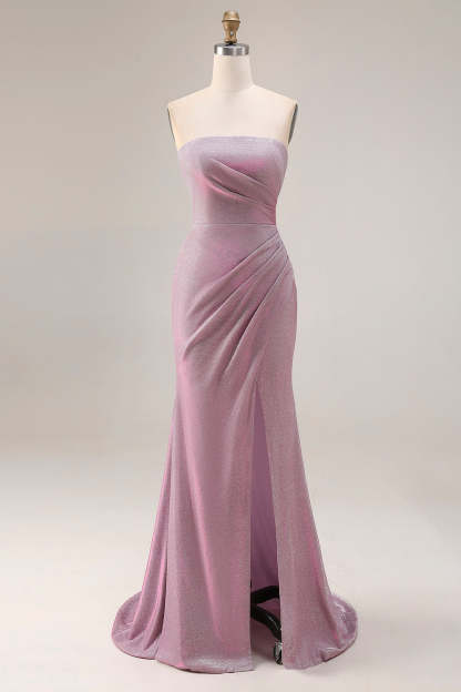 Dusty Plum Mermaid Strapless Ruched Long Prom Dress