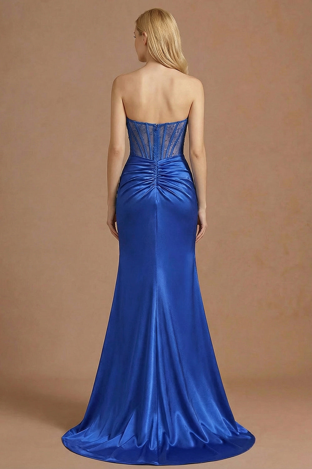 Royal Blue Mermaid Strapless Corset Ruched Maxi Prom Dress with Slit