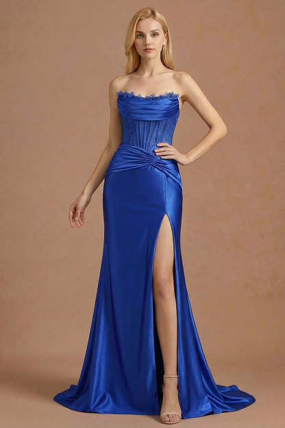 Leely Women Royal Blue Mermaid Corset Ruched Maxi Prom Dress with Slit Strapless Sleeveless Backless Formal Dress