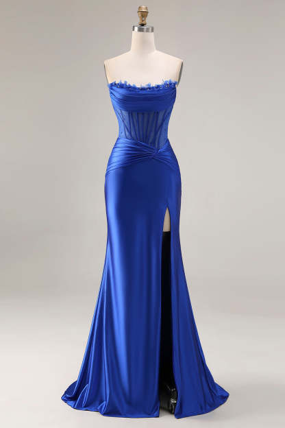 Royal Blue Mermaid Strapless Corset Ruched Maxi Prom Dress with Slit