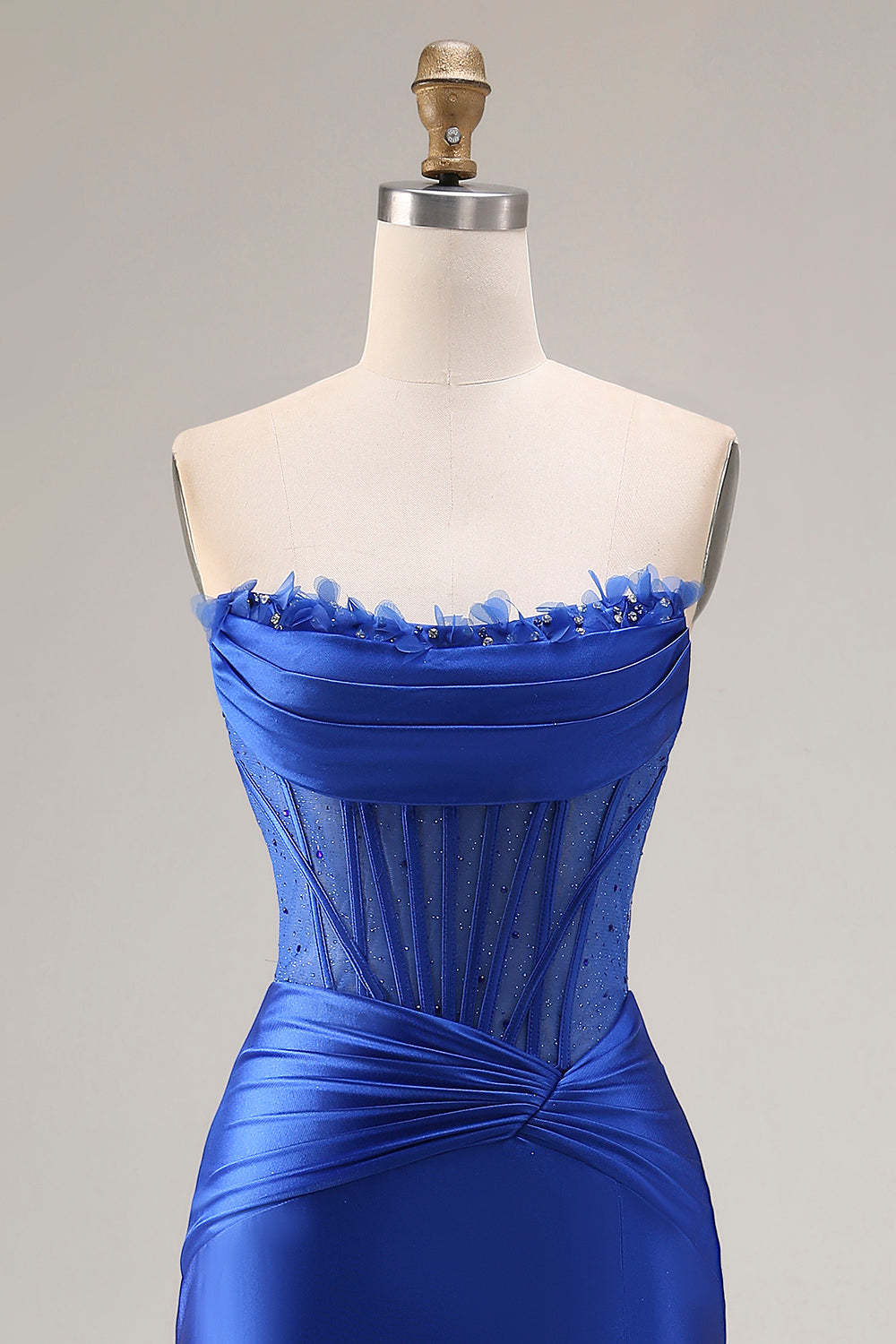 Royal Blue Mermaid Strapless Corset Ruched Maxi Prom Dress with Slit