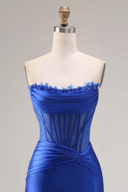 Royal Blue Mermaid Strapless Corset Ruched Maxi Prom Dress with Slit