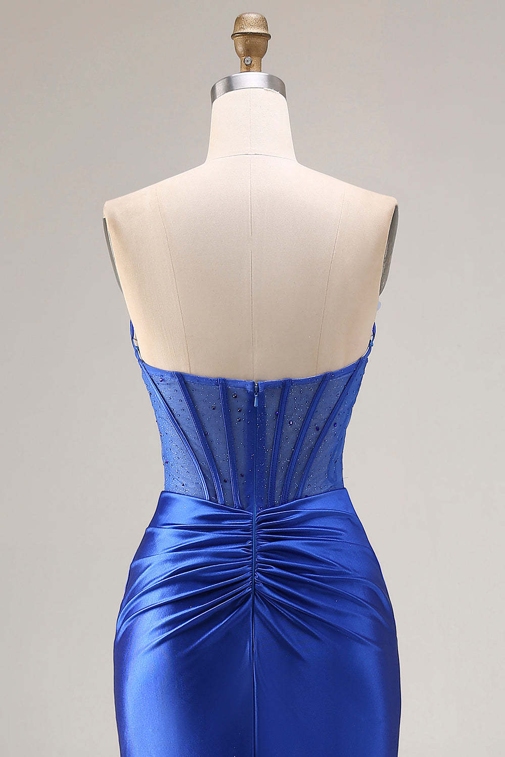 Royal Blue Mermaid Strapless Corset Ruched Maxi Prom Dress with Slit