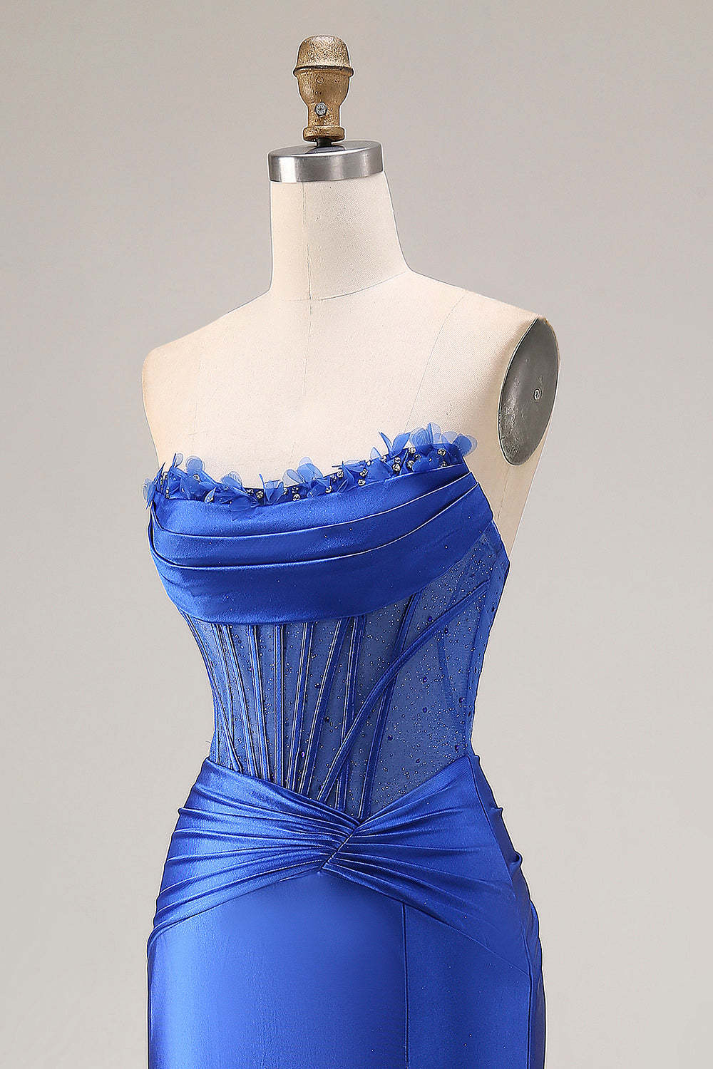 Royal Blue Mermaid Strapless Corset Ruched Maxi Prom Dress with Slit