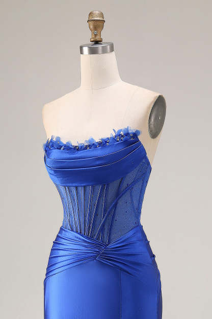 Royal Blue Mermaid Strapless Corset Ruched Maxi Prom Dress with Slit