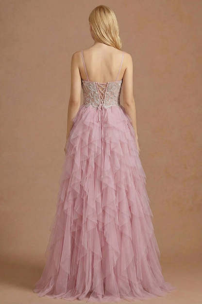 Sparkly Dusty Pink A Line Ruffled Long Prom Dress with Beading
