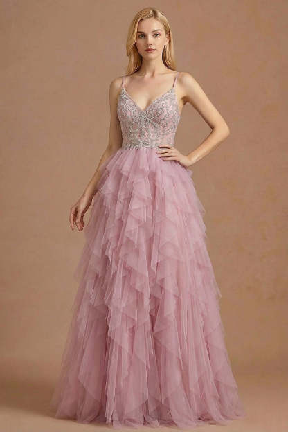 Leely Women Sparkly Dusty Pink Ruffled Long Prom Dress with Beading A Line Spaghetti Straps Appliqued Backless Sleeveless Ball Gown