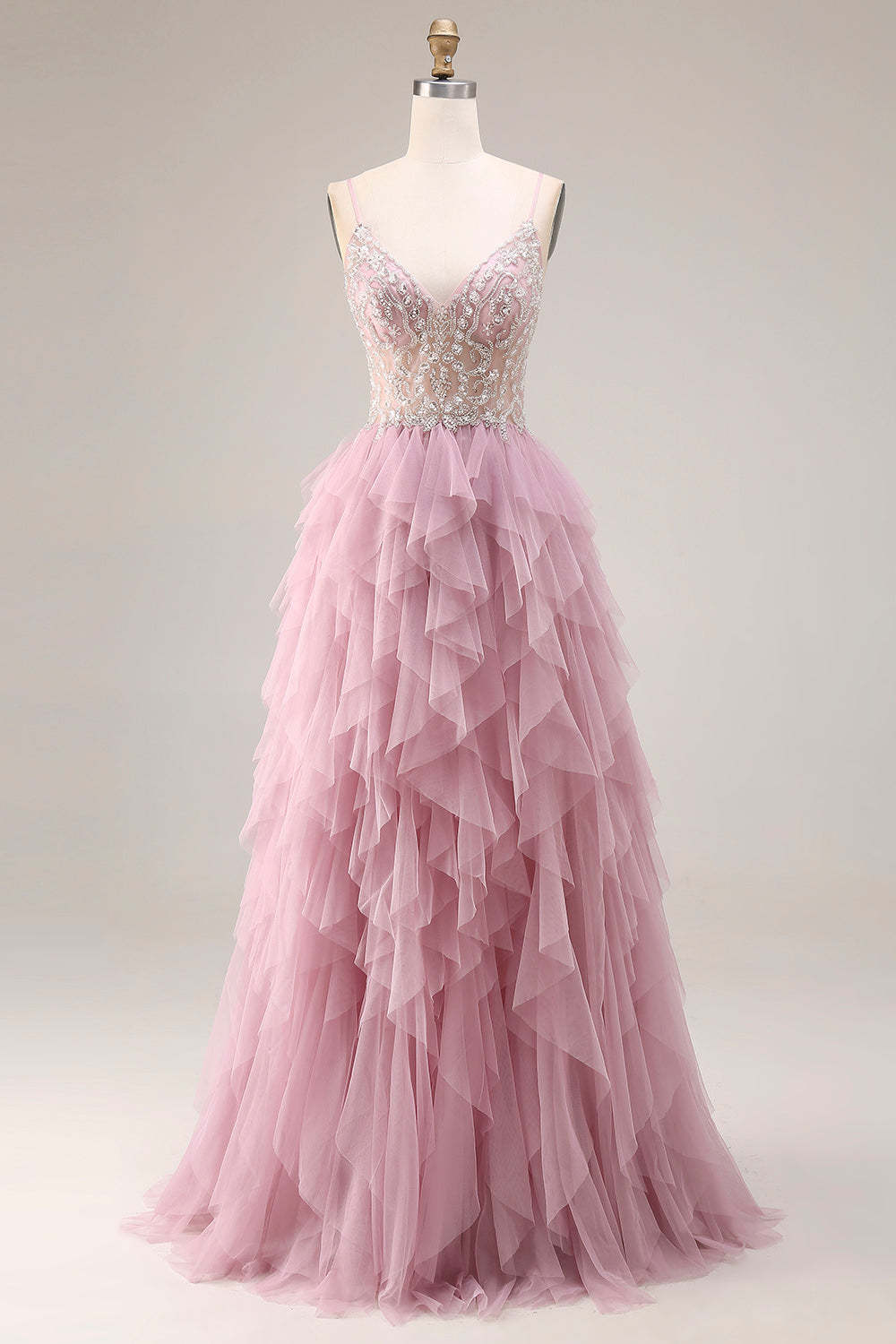 Sparkly Dusty Pink A Line Ruffled Long Prom Dress with Beading