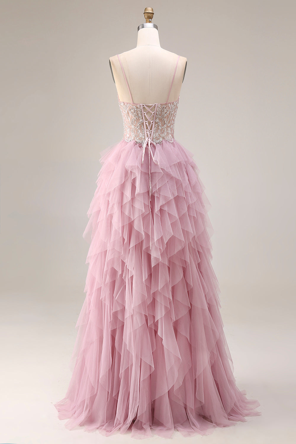 Sparkly Dusty Pink A Line Ruffled Long Prom Dress with Beading