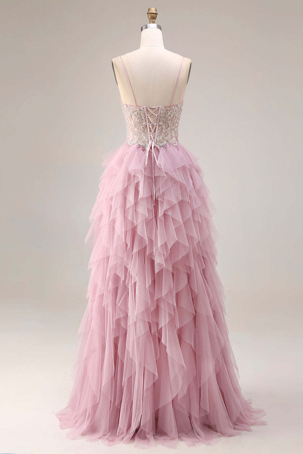 Sparkly Dusty Pink A Line Ruffled Long Prom Dress with Beading