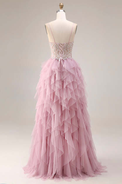 Sparkly Dusty Pink A Line Ruffled Long Prom Dress with Beading
