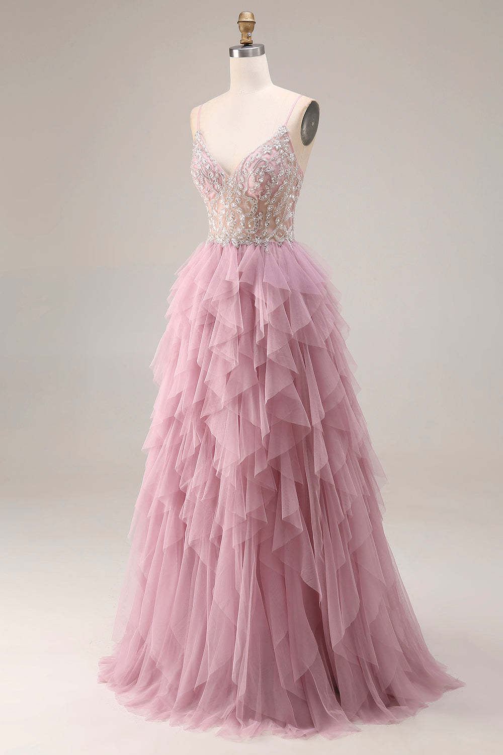 Sparkly Dusty Pink A Line Ruffled Long Prom Dress with Beading