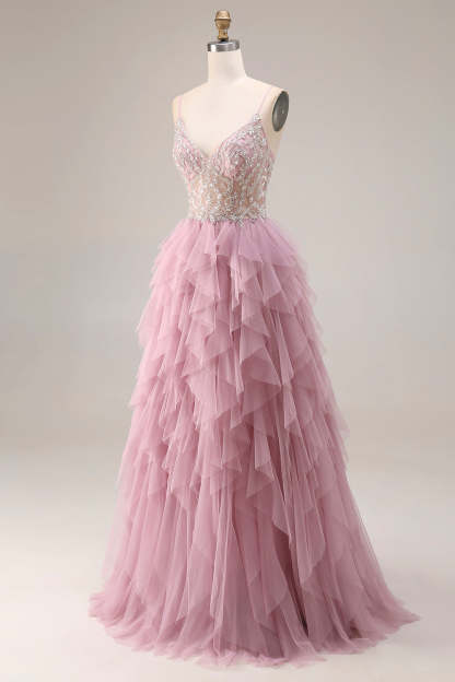 Sparkly Dusty Pink A Line Ruffled Long Prom Dress with Beading
