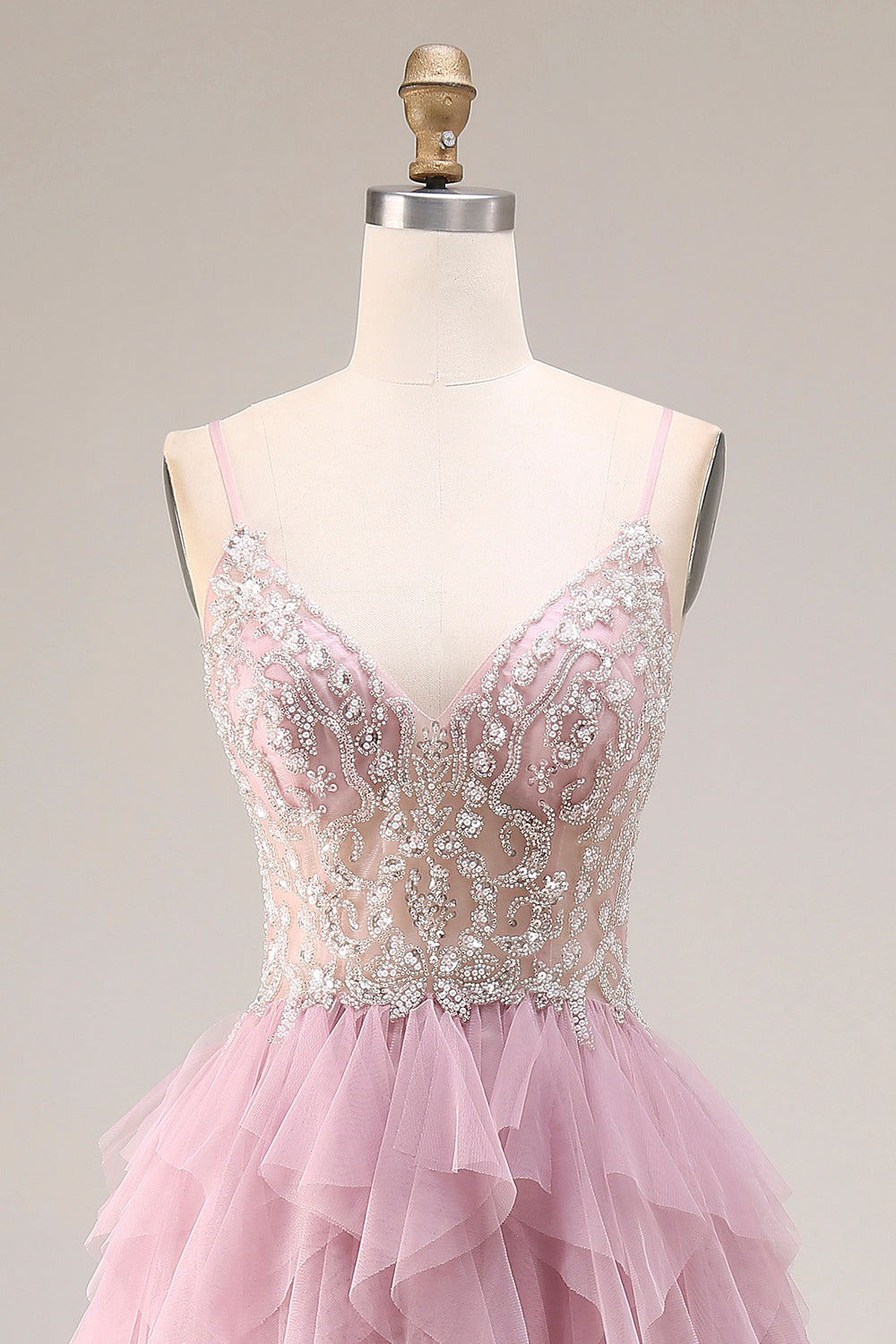 Sparkly Dusty Pink A Line Ruffled Long Prom Dress with Beading
