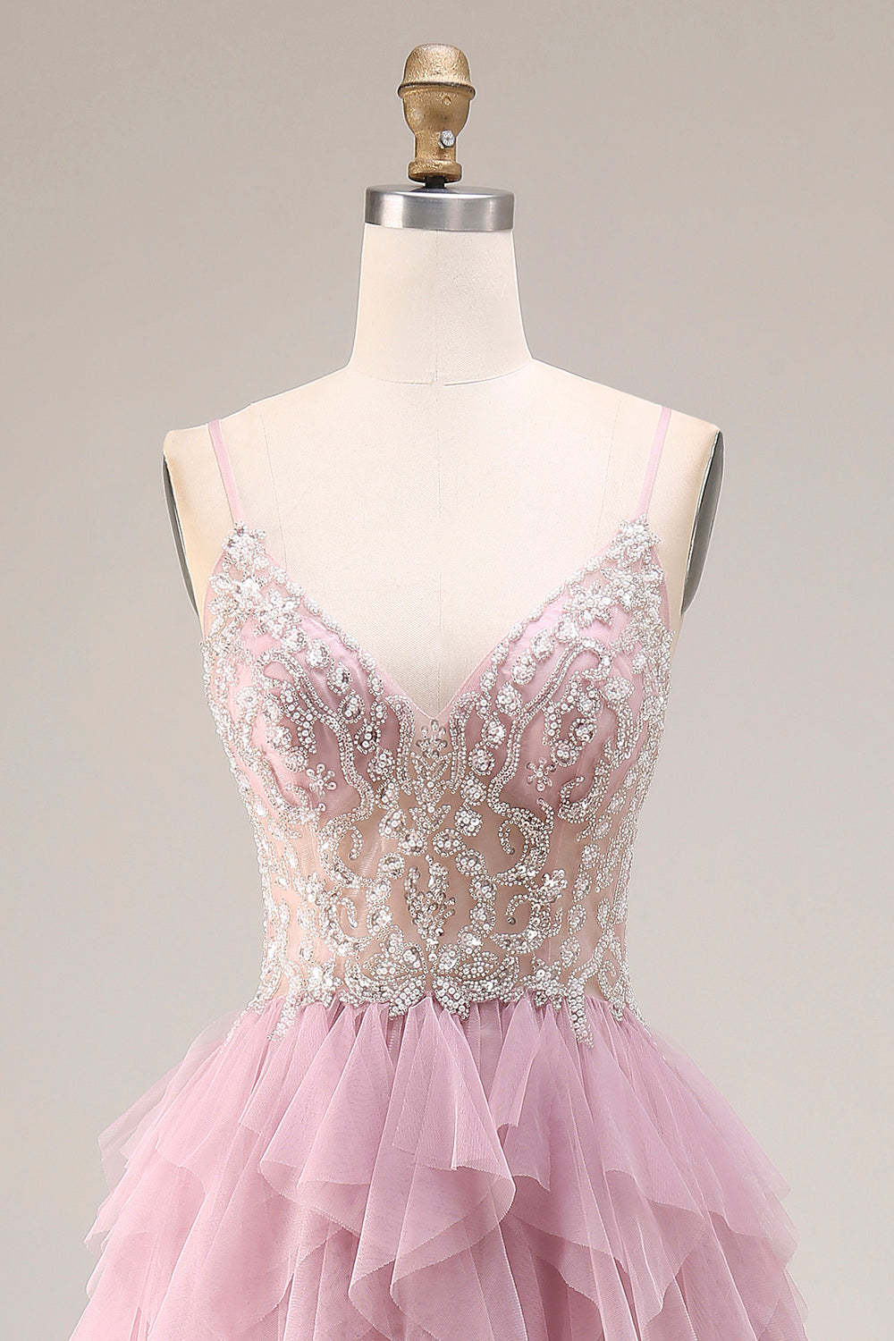 Sparkly Dusty Pink A Line Ruffled Long Prom Dress with Beading