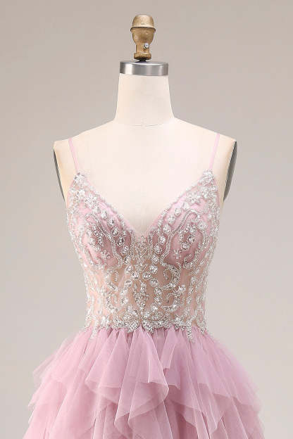 Sparkly Dusty Pink A Line Ruffled Long Prom Dress with Beading