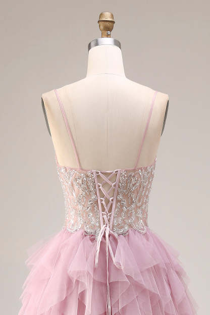Sparkly Dusty Pink A Line Ruffled Long Prom Dress with Beading