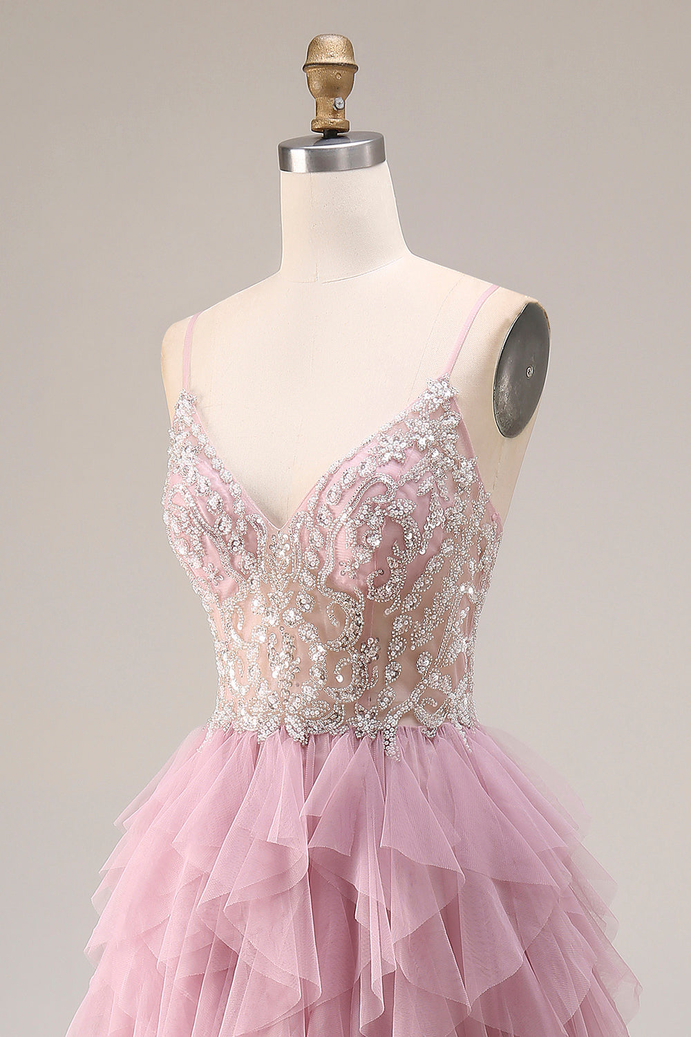 Sparkly Dusty Pink A Line Ruffled Long Prom Dress with Beading