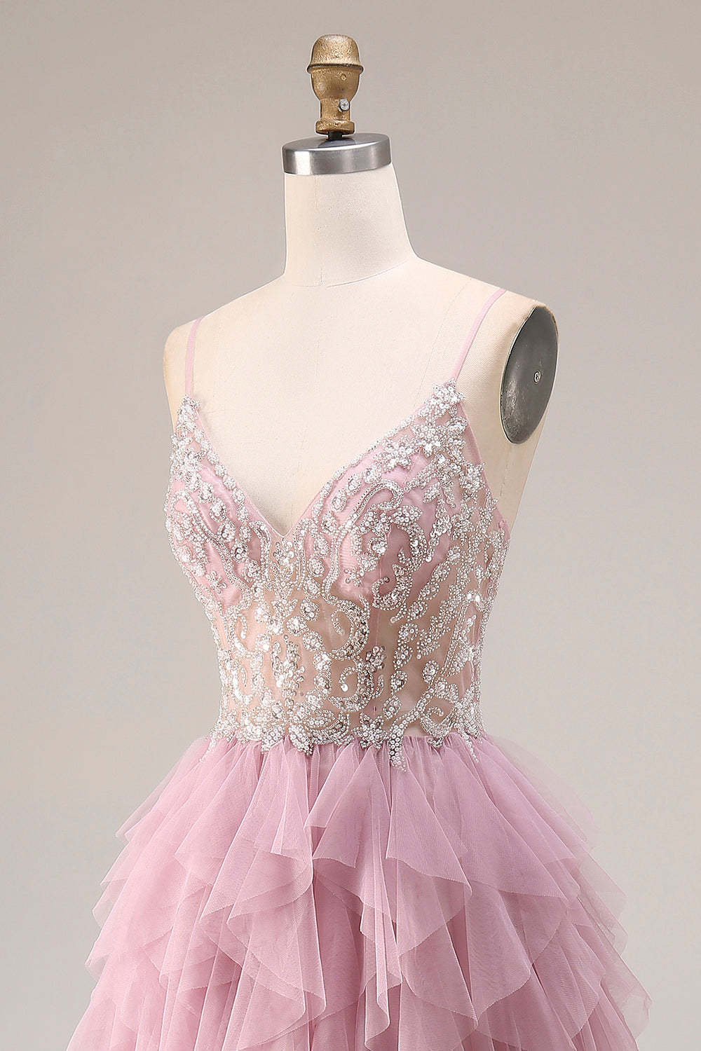 Sparkly Dusty Pink A Line Ruffled Long Prom Dress with Beading