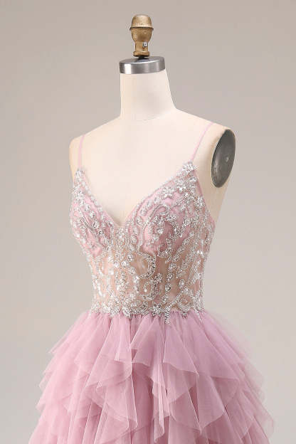 Sparkly Dusty Pink A Line Ruffled Long Prom Dress with Beading