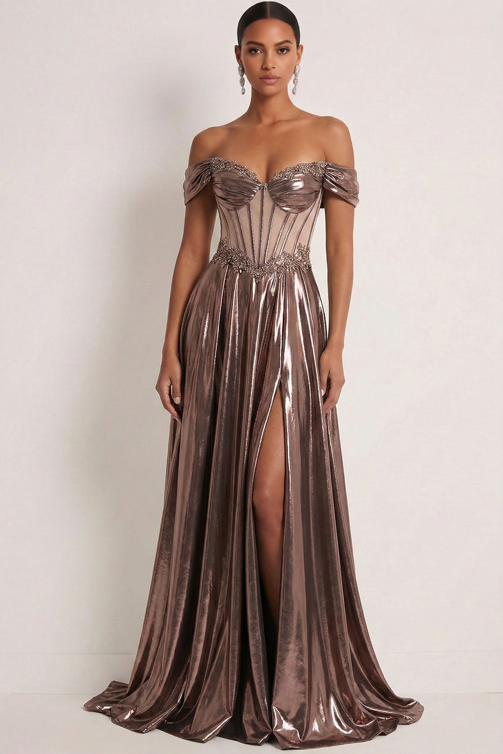 Leely Women Metallic Dark Coffee A Line Corset Long Gala Dress Appliqued Off the Shoulder Backless Sleeveless Prom Dress