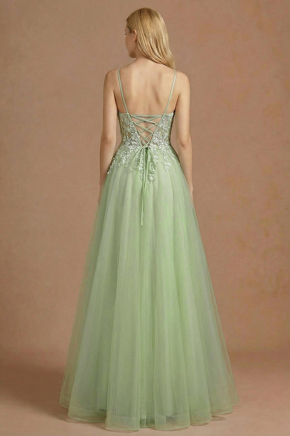 Light Green A Line Corset Appliqued Maxi Prom Dress