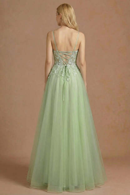 Light Green A Line Corset Appliqued Maxi Prom Dress