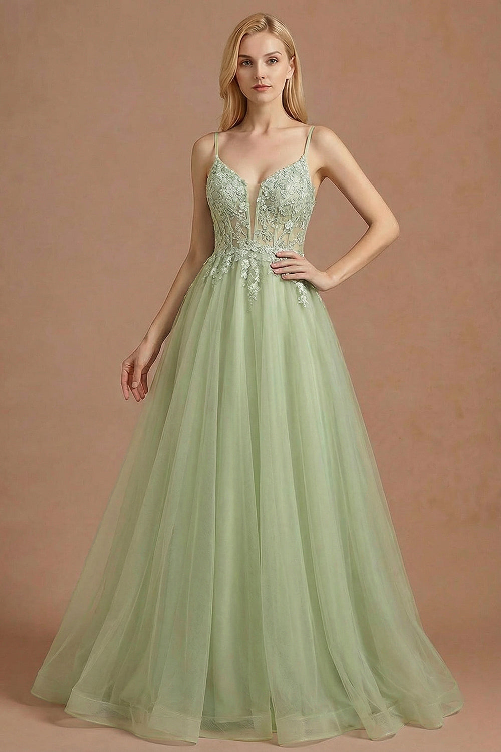 Light Green A Line Corset Appliqued Maxi Prom Dress