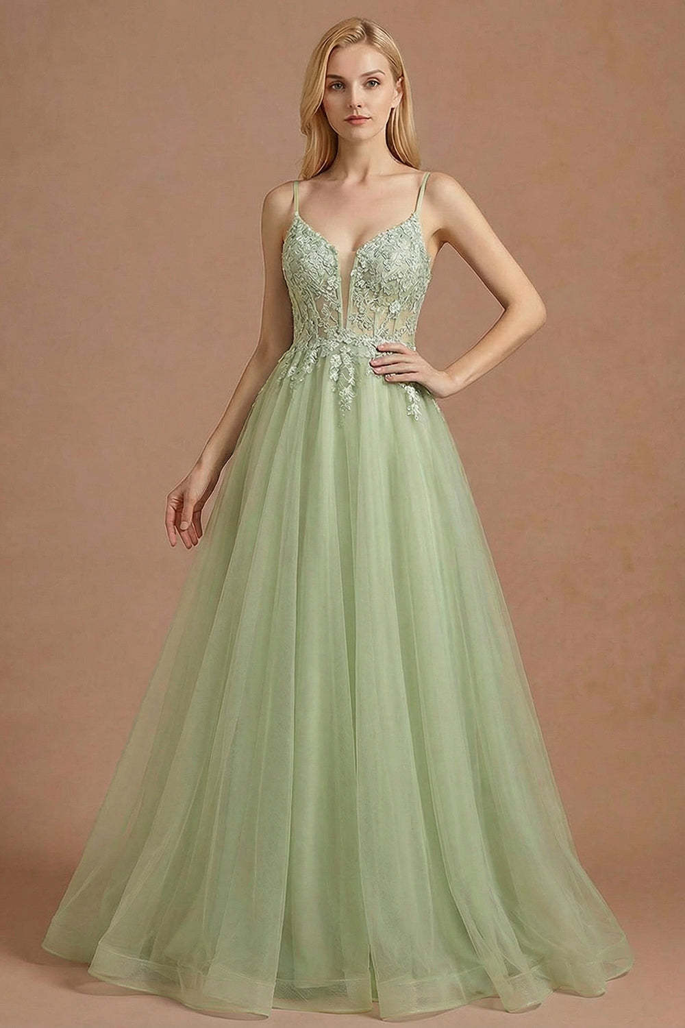 Leely Women Light Green A Line Corset Maxi Prom Dress Appliqued Spaghetti Straps Sleeveless Backless Gala Dress