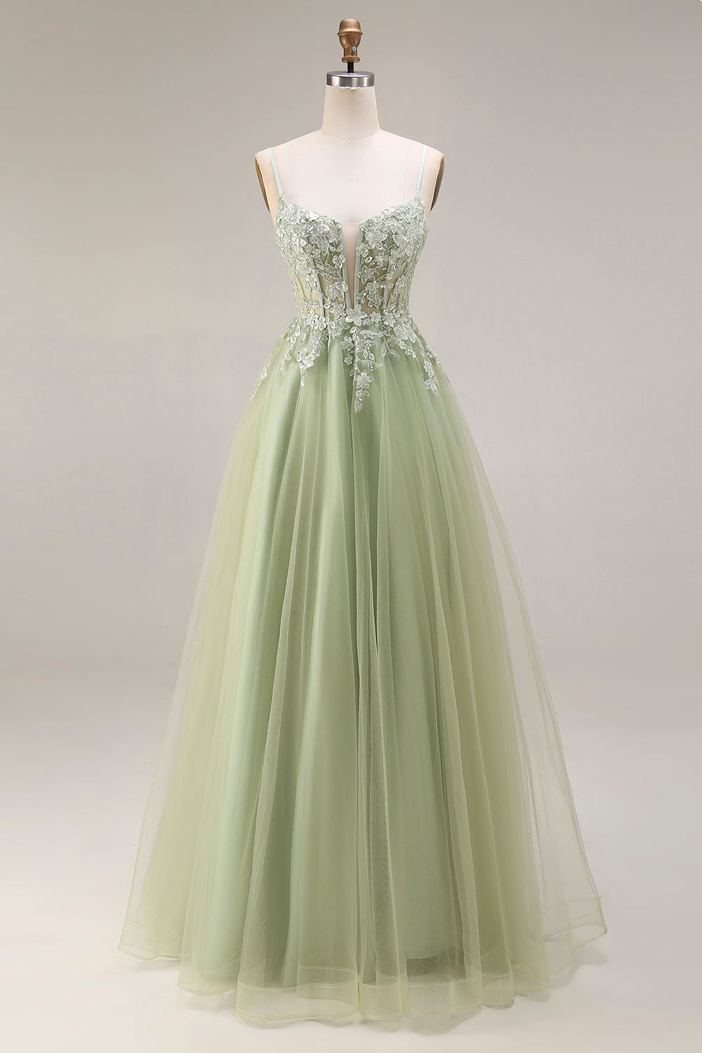 Light Green A Line Corset Appliqued Maxi Prom Dress