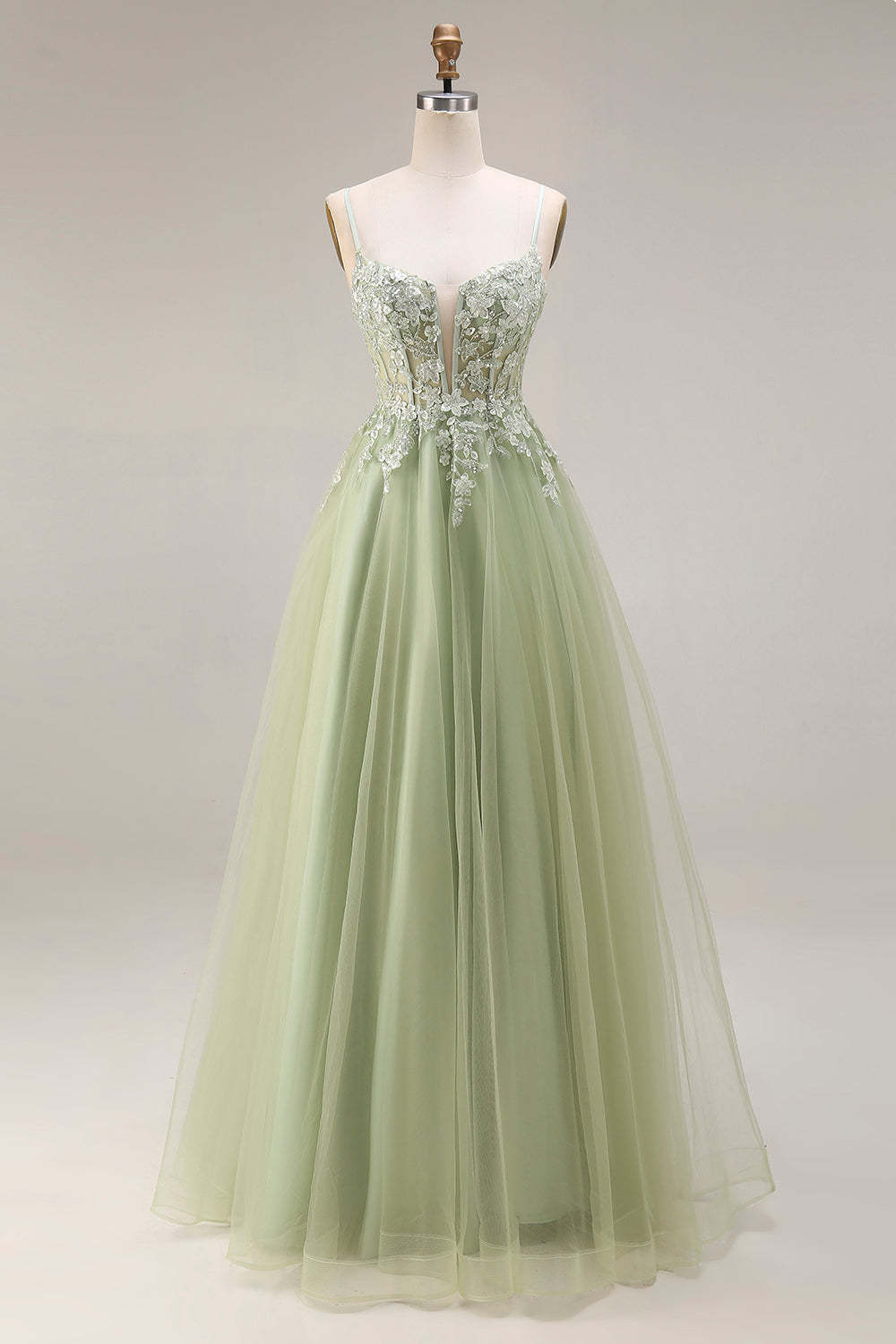 Light Green A Line Corset Appliqued Maxi Prom Dress