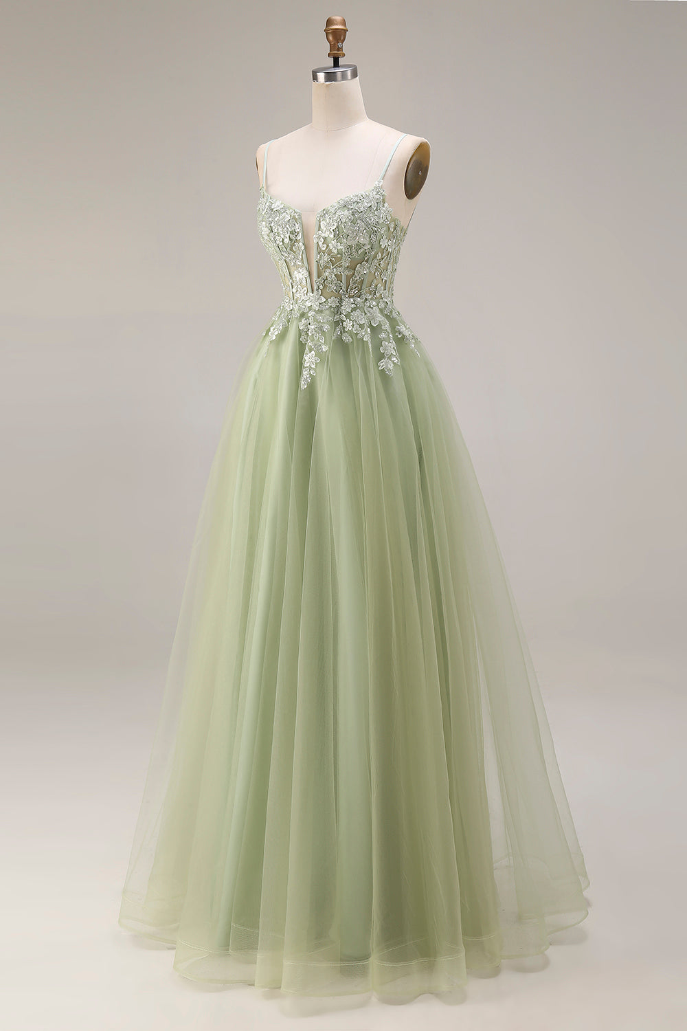 Light Green A Line Corset Appliqued Maxi Prom Dress