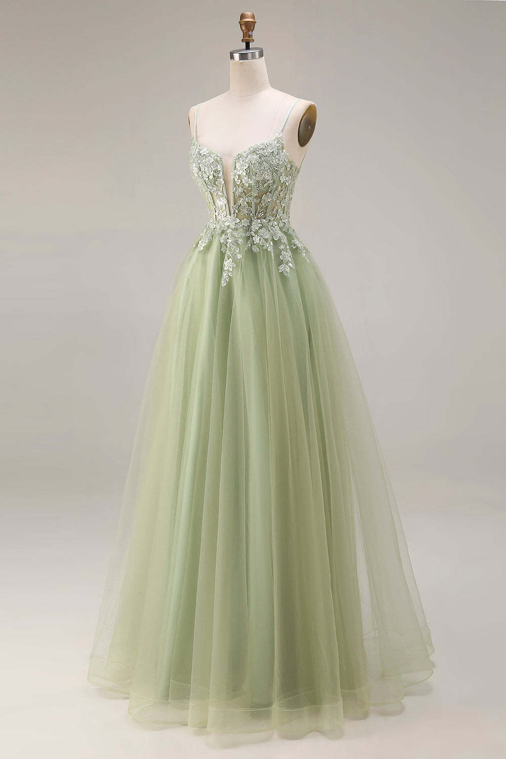 Light Green A Line Corset Appliqued Maxi Prom Dress