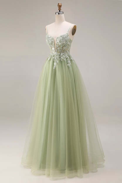 Light Green A Line Corset Appliqued Maxi Prom Dress