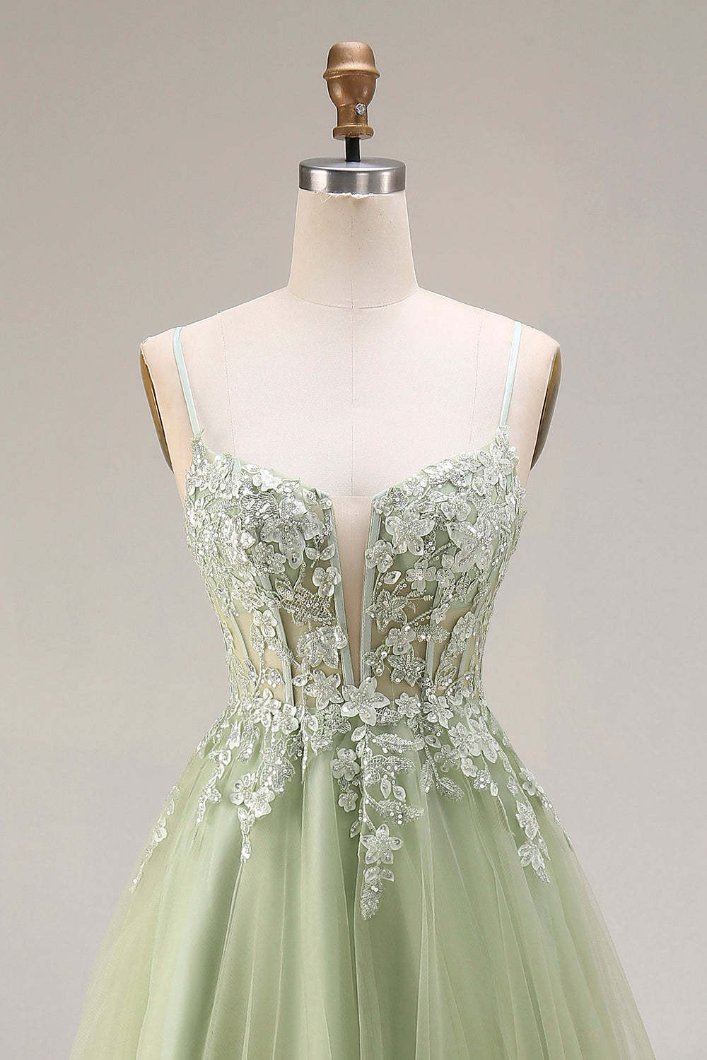 Light Green A Line Corset Appliqued Maxi Prom Dress