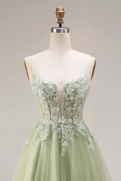 Light Green A Line Corset Appliqued Maxi Prom Dress