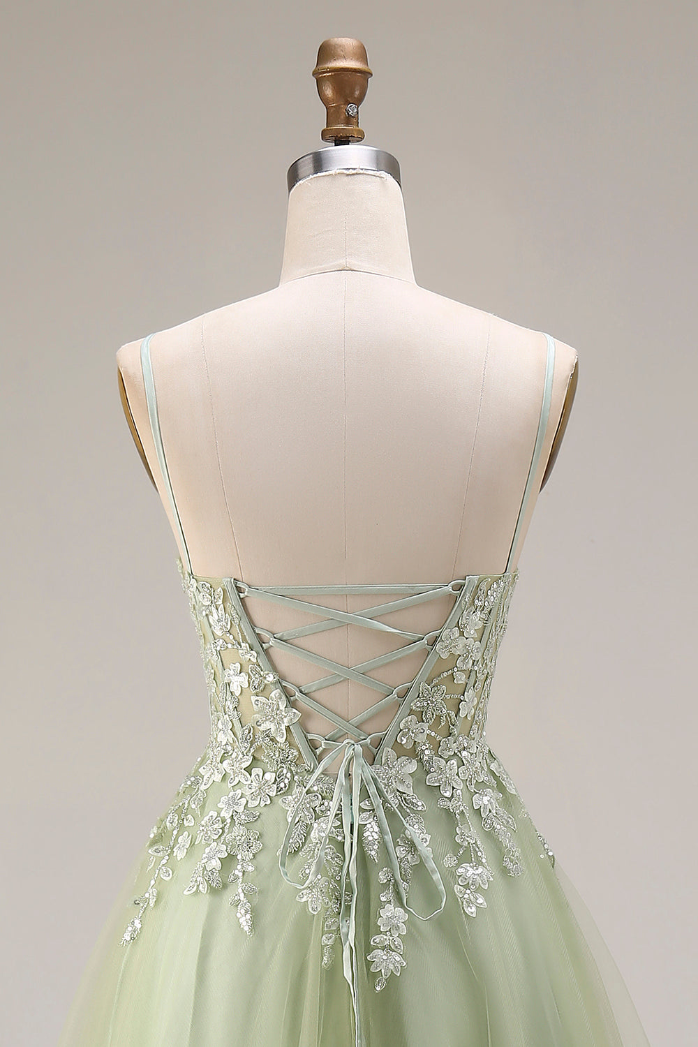 Light Green A Line Corset Appliqued Maxi Prom Dress